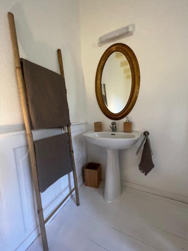 une salle de bain avec un miroir et un lavabo dans l'établissement Wijndomein Lalande La Tour, à Veyrines-de-Domme