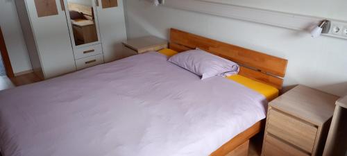 a small bedroom with a bed and a mirror at CasaRoberto Apartment 1 in Gosau