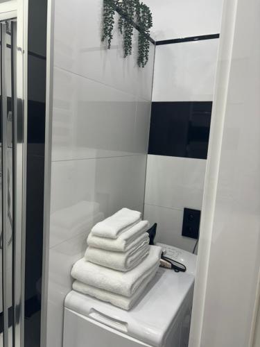 a pile of towels sitting on a shelf in a bathroom at Apartament Leonardo in Bolesławiec