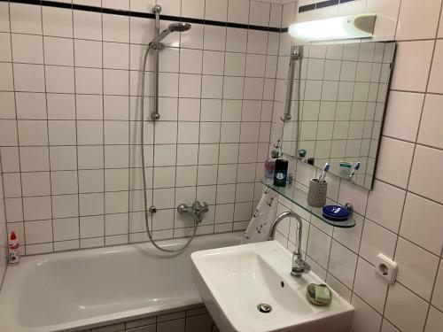 a bathroom with a shower and a sink and a tub at Raja Jooseppi Apartments in Berlin