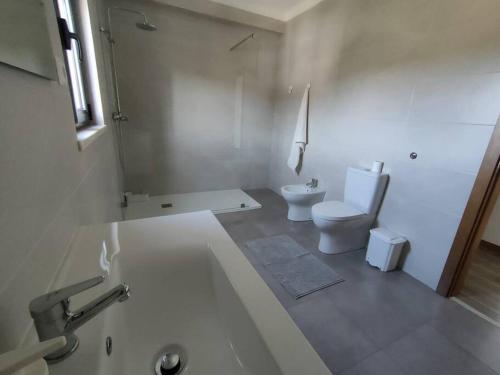 een witte badkamer met een toilet en een wastafel bij Casa da Esteva - Vila de Rei in Vila de Rei