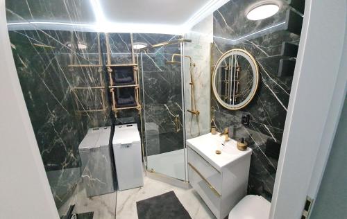 een badkamer met een douche, een wastafel en een spiegel bij Apartament Nova Parkowa Szczecin Polska in Szczecin