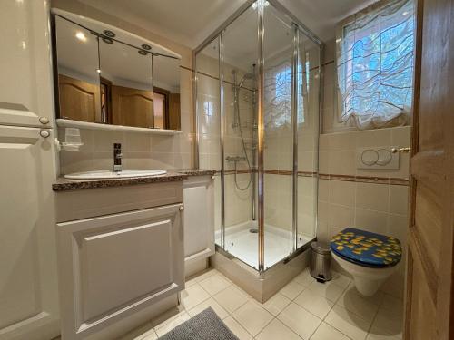 une salle de bain avec une douche, des toilettes et un lavabo dans l'établissement Apartment Pioppa for 4, à Porto-Vecchio