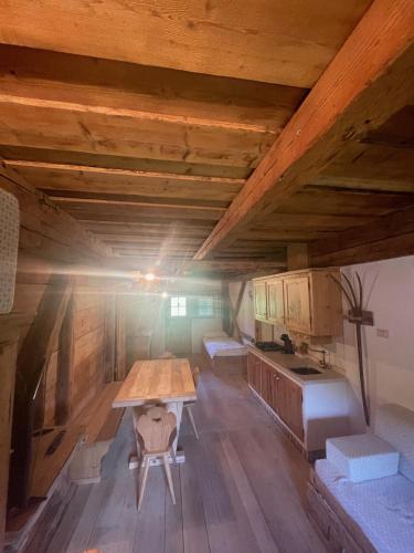 a kitchen with a table in the middle of a room at La Baita di Aclete in Tarvisio