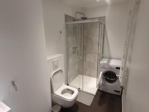 a white bathroom with a toilet and a shower at Apartament Number 2 NOVA WOZOWNIA Free Parking in Leszno