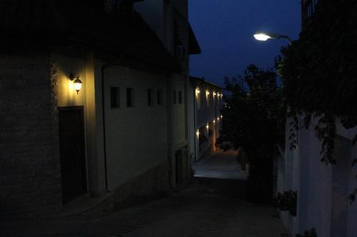 an empty alley at night with a street light at Casa Maria Arges in Piteşti