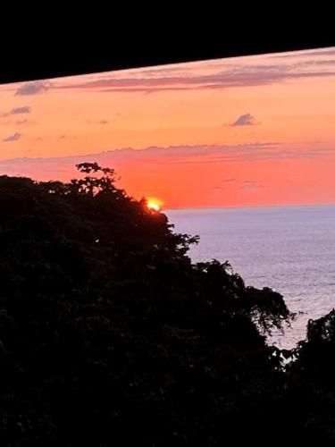 a sunset over the ocean with a tree at Casa’ Mapola : typical beach jungle house in Pavones