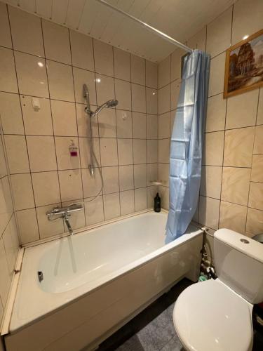 y baño con bañera, aseo y ducha. en Jaukūs apartamentai miesto centre en Šiauliai