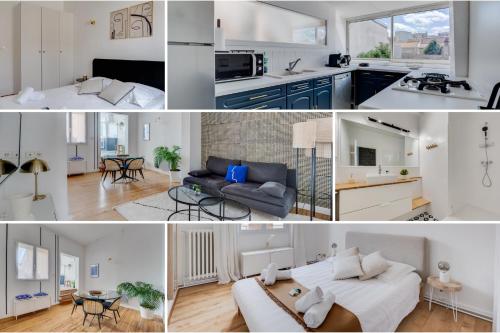 un collage de photos d'une cuisine et d'un salon dans l'établissement Bleu Klein - climatisation, wifi, calme, à Toulouse