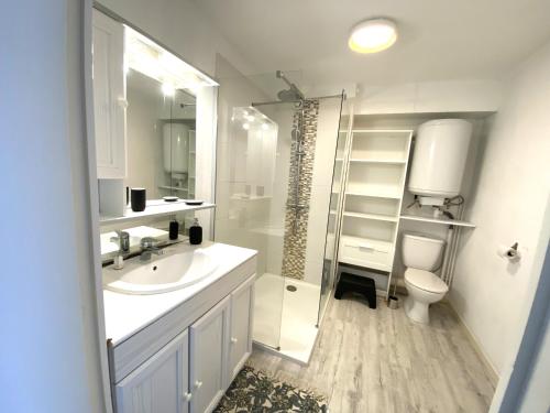 une salle de bain blanche avec un lavabo et des toilettes dans l'établissement Charmant appartement 2 à 4 personnes à 200m de la plage avec wifi - ALAN, à Ploemeur