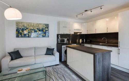 un salon avec un canapé et une cuisine dans l'établissement LOVELY 1BR-CANNES CENTER, à Cannes