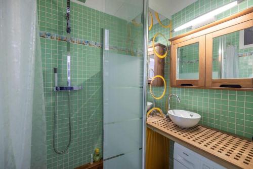 een groene betegelde badkamer met een douche en een wastafel bij Studio entièrement rénové dans les rue piétonnes in Grenoble