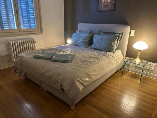 une chambre avec un lit avec des oreillers bleus dans l'établissement Annecy ArtDeco Building, à Annecy