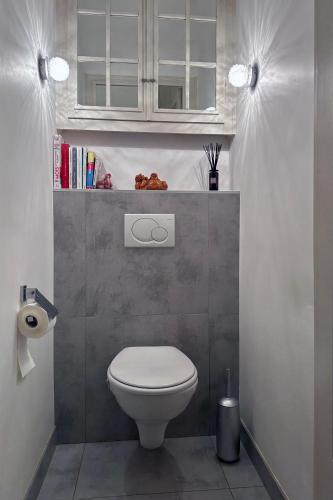 La salle de bains est pourvue de toilettes blanches et d'une armoire. dans l'établissement Annecy ArtDeco Building, à Annecy