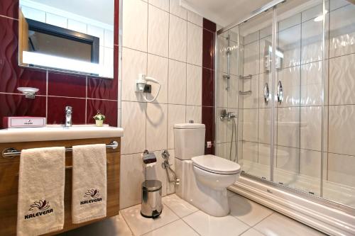 a bathroom with a toilet and a shower and a sink at Kalevera Hotel in Edirne