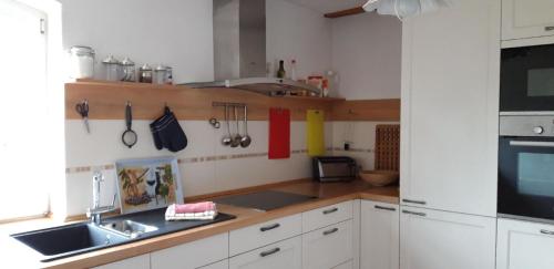 eine Küche mit einer Spüle und einer Theke mit Küchenutensilien in der Unterkunft Kleine Ferienwohnung in Bugewitz mit Garten, Terrasse und Grill in Bugewitz