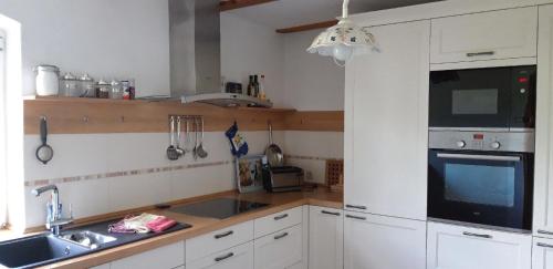 eine Küche mit einer Spüle und einer Mikrowelle in der Unterkunft Kleine Ferienwohnung in Bugewitz mit Garten, Terrasse und Grill in Bugewitz