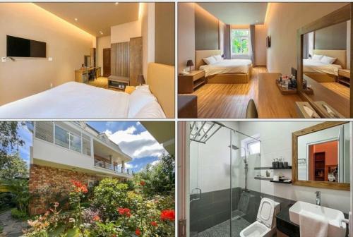 un collage de trois photos d'une chambre d'hôtel dans l'établissement Relax Hotel by Ixorat, à Đà Lạt