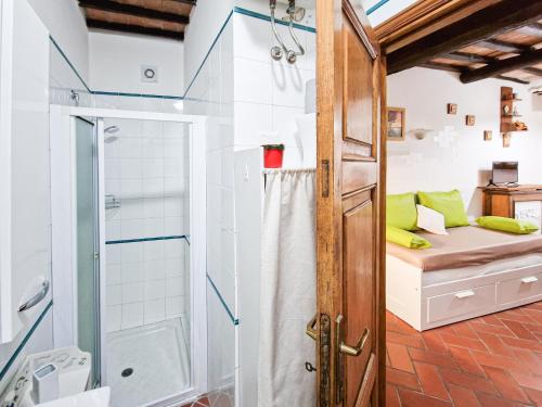 a bathroom with a shower and a glass door at Appartamento Il Caratello Borgo 6 in Capoliveri