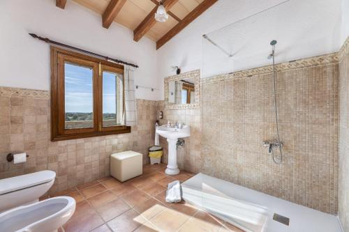 a bathroom with a toilet and a sink and a shower at Finca Sa Torreta in Santa Margalida