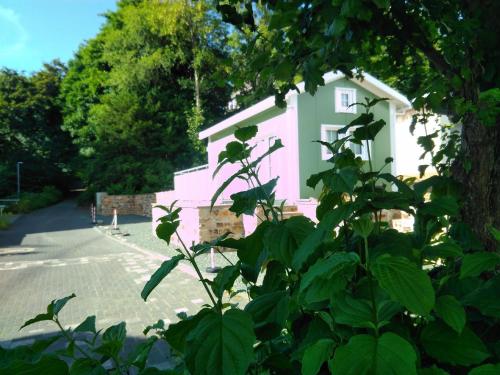 un edificio rosa y blanco junto a una calle en Ferienhaus in Bad Marienberg Westerwald mit Terrasse und Grill, en Bad Marienberg