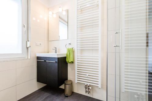 ein Bad mit einem Waschbecken und einer Dusche in der Unterkunft Zehnthof Apartment WH1 EG in Pulheim