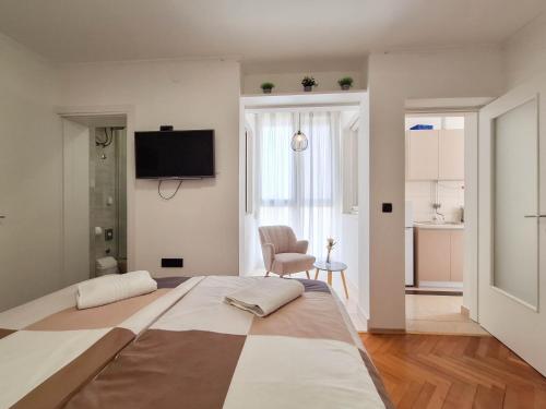 a bedroom with a large bed with a television on the wall at Apartment Andry 2 in Crikvenica