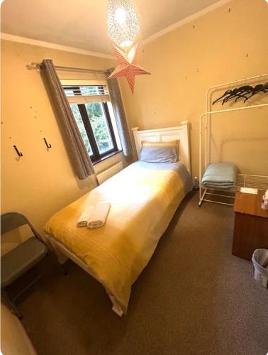 a bedroom with a large bed with a star on the ceiling at Cozy single room in city center in Newry