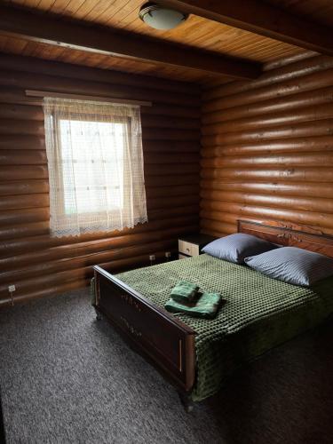 een slaapkamer met een bed in een houten kamer bij Добрий Хутор in Sukhyy Lyman