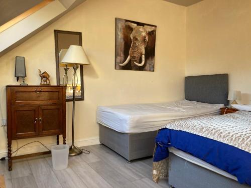 a bedroom with a bed and an elephant picture on the wall at Jacks Court B2 in Stalybridge