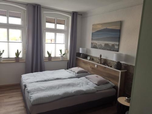 a bedroom with two beds and two windows at Pauls Hexenhaus Wohnung Hexe mit Fahrrad Garage und Innenhof für Motorräder in Thale