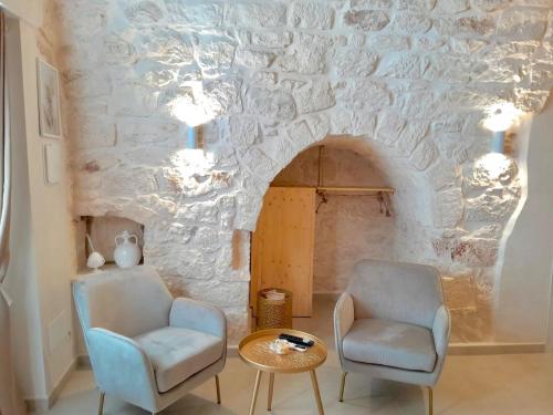 a living room with two chairs and a stone wall at Eureka luxury room in Ostuni