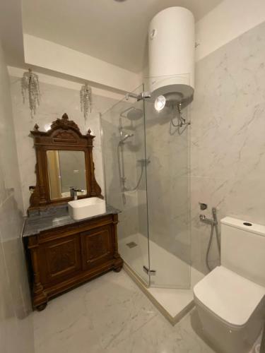 a bathroom with a shower and a toilet and a sink at Monolocale con terrazzo solare in Perugia