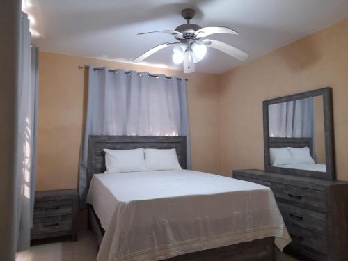 Schlafzimmer mit einem Bett, einem Deckenventilator und einem Spiegel in der Unterkunft Seville Meadows 3 - Johns Road Spanish Town in Spanish Town