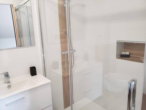 a white bathroom with a shower and a sink at L'atelier de Jean in Velzic