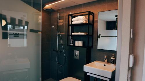 W łazience znajduje się prysznic, umywalka i toaleta. w obiekcie Loft Hotel Rauma w mieście Rauma