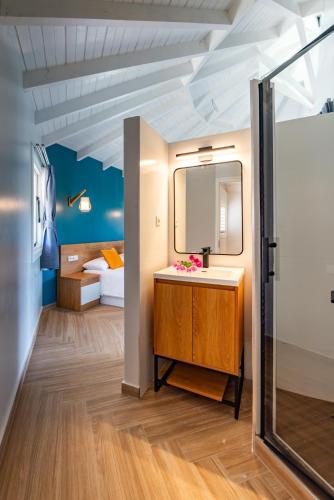 a bathroom with a sink and a mirror in a room at Bed & Bike Westpunt in Westpunt