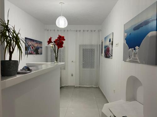 a white bathroom with a vase with red flowers in it at Villa Pavlina in Karterados