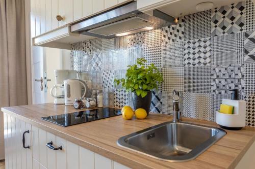 eine Küche mit einer Spüle und einer Arbeitsplatte in der Unterkunft Ferienwohnung am Meer, Urlaub auf der Insel Usedom, Apartment Rose 2 in Świnoujście