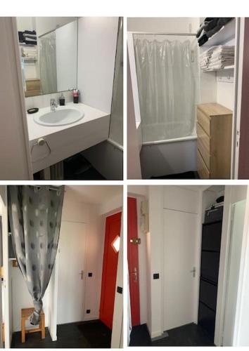 Quatre photos d'une salle de bains avec lavabo et miroir dans l'établissement Appart. 6 pers. avec piscine, à Talmont-Saint-Hilaire