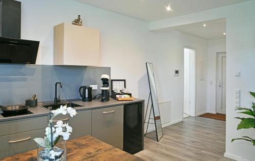 a kitchen with a sink and a counter top at Appartement im Grünen, zentral in Biberach in Biberach an der Riß