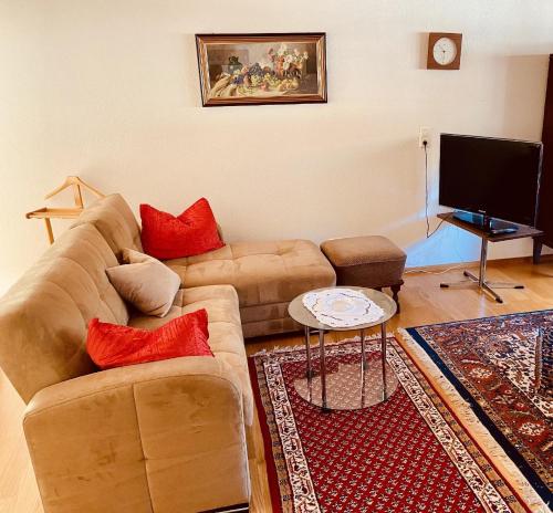 a living room with a couch and a tv at Gemütliches Appartement in Pflach in Pflach