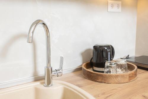 a kitchen counter with a sink and a coffee maker at Dimitra Central Apartments Chanioti in Hanioti