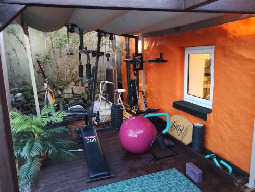 een fitnessruimte in een huis met een yogabal en fitnessapparatuur bij Easkey Hostel in Easkey