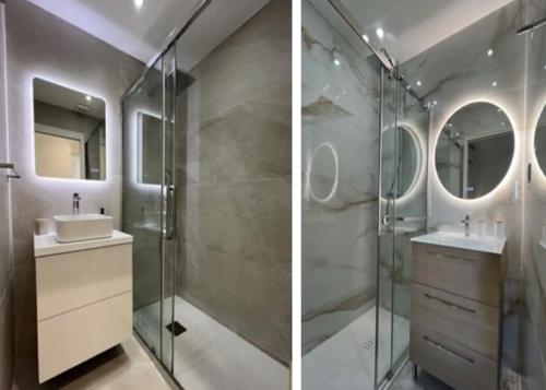- deux photos d'une salle de bains avec un lavabo et une douche dans l'établissement LUXURY VIEW 2BR IN CANNES, à Cannes