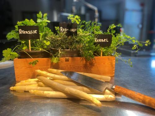 a bunch of carrots on a table with a knife at Hotel Alpenland in Moso