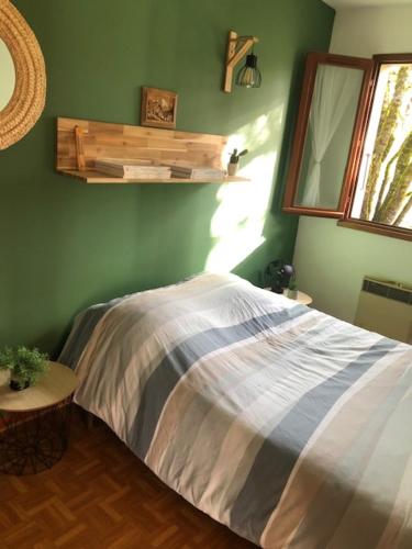 een groene slaapkamer met een bed en een raam bij villa des pins in Tallard