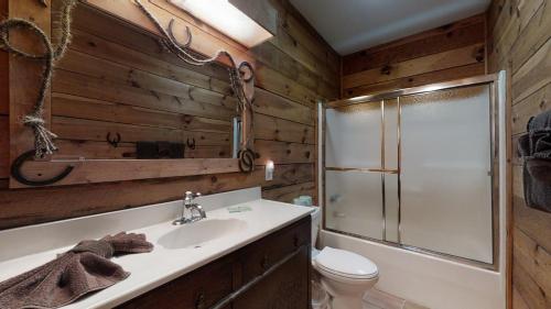 a bathroom with a sink and a shower and a toilet at Horsin Around Tennessee in Townsend