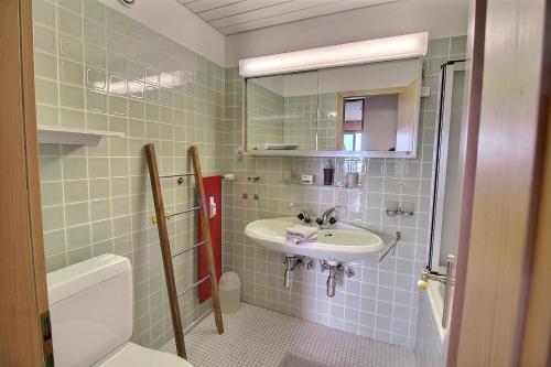 ein Badezimmer mit einem Waschbecken, einem WC und einem Spiegel in der Unterkunft Haute Nendaz "Olympic" in Nendaz