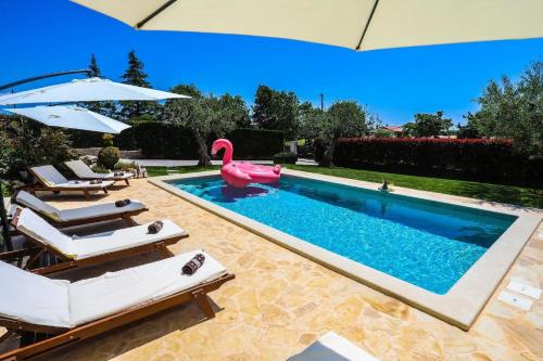 a swimming pool with a pink swan in a yard at Villa Elizabet bei Porec mit Pool in Babići